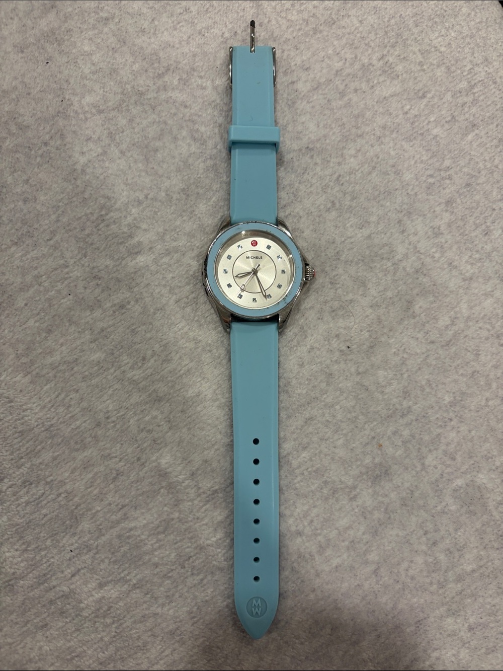 Michele Cape Sky Blue Silicone Strap Watch with Silver Case